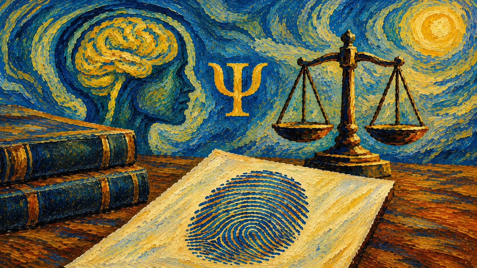 Pintura em tons de azul e dourado com o símbolo Psi, livros, um cérebro, uma impressão digital e a balança da justiça